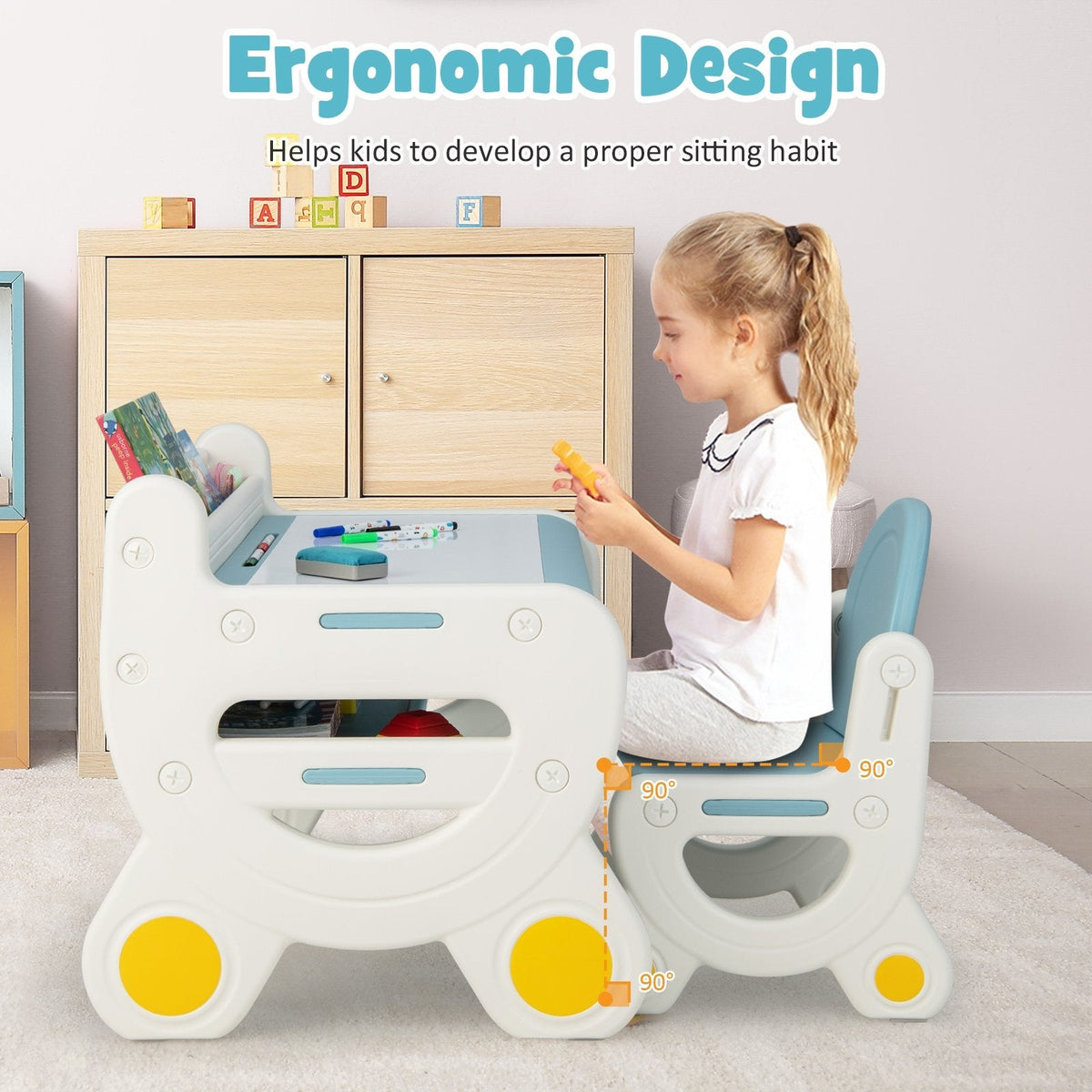 Set de mesa y silla para dibujo infantil con rotuladores de acuarela y borrador para pizarra-Azul