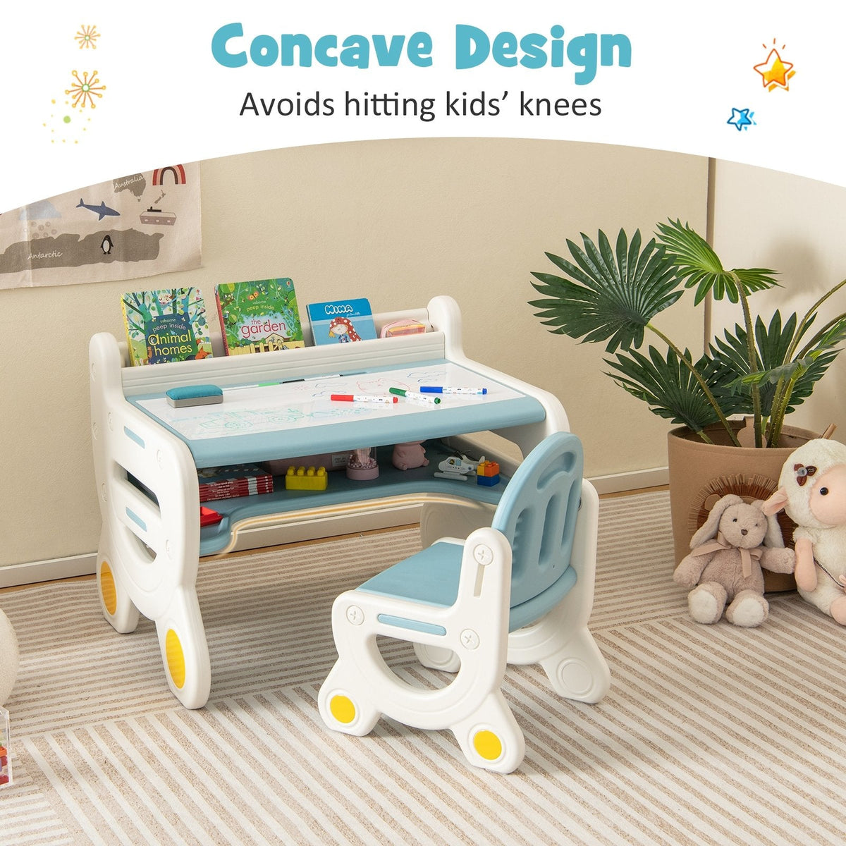 Set de mesa y silla para dibujo infantil con rotuladores de acuarela y borrador para pizarra-Azul