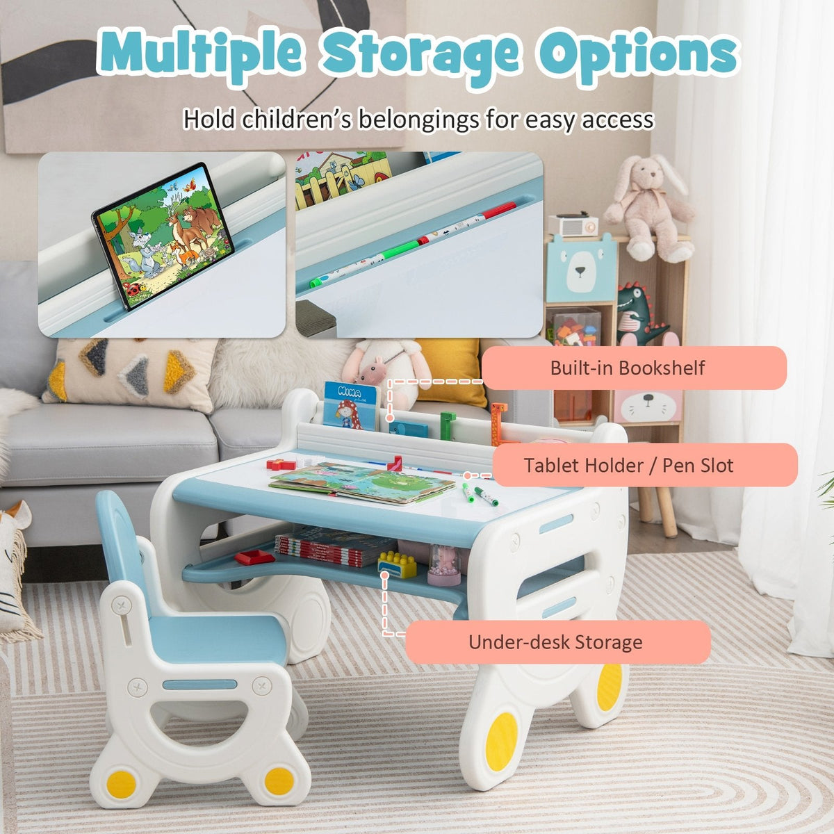 Set de mesa y silla para dibujo infantil con rotuladores de acuarela y borrador para pizarra-Azul