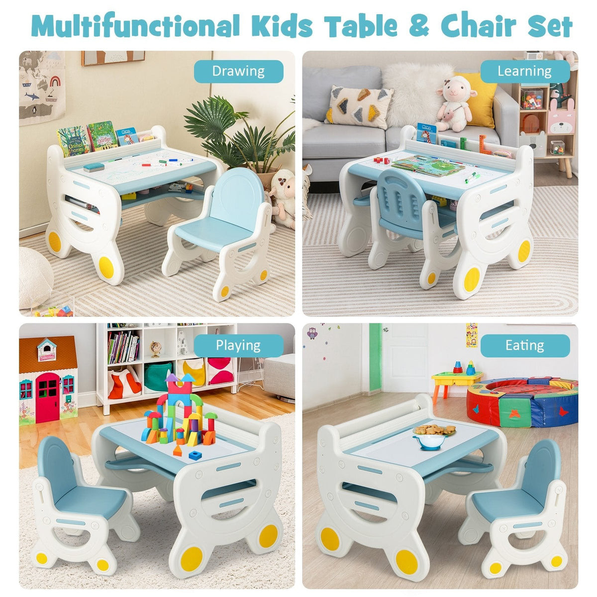 Set de mesa y silla para dibujo infantil con rotuladores de acuarela y borrador para pizarra-Azul