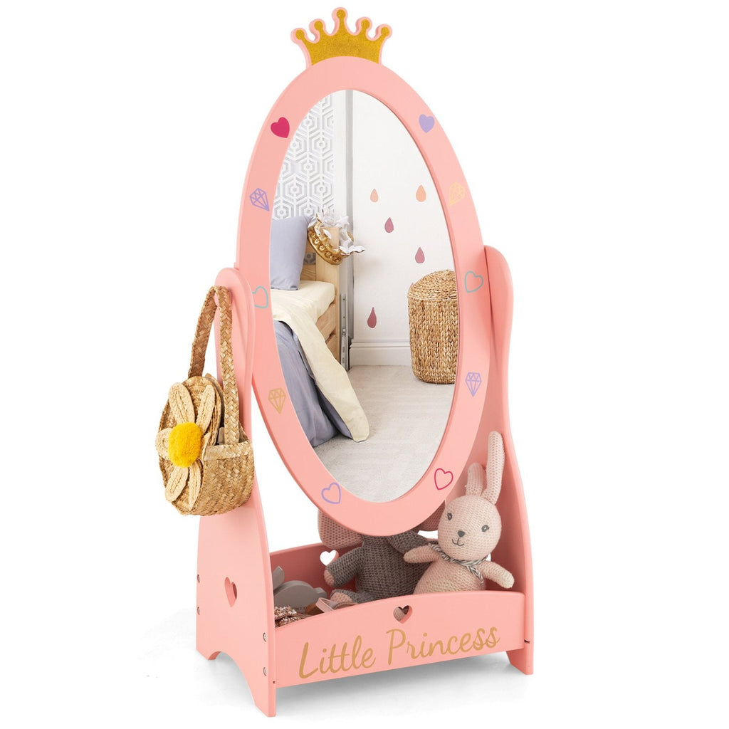 Miroir pour enfants sur pied avec rotation à 360 degrés et étagère – Rose