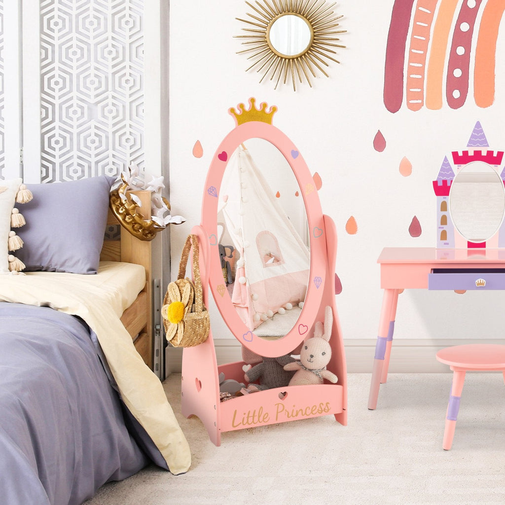 Miroir pour enfants sur pied avec rotation à 360 degrés et étagère – Rose