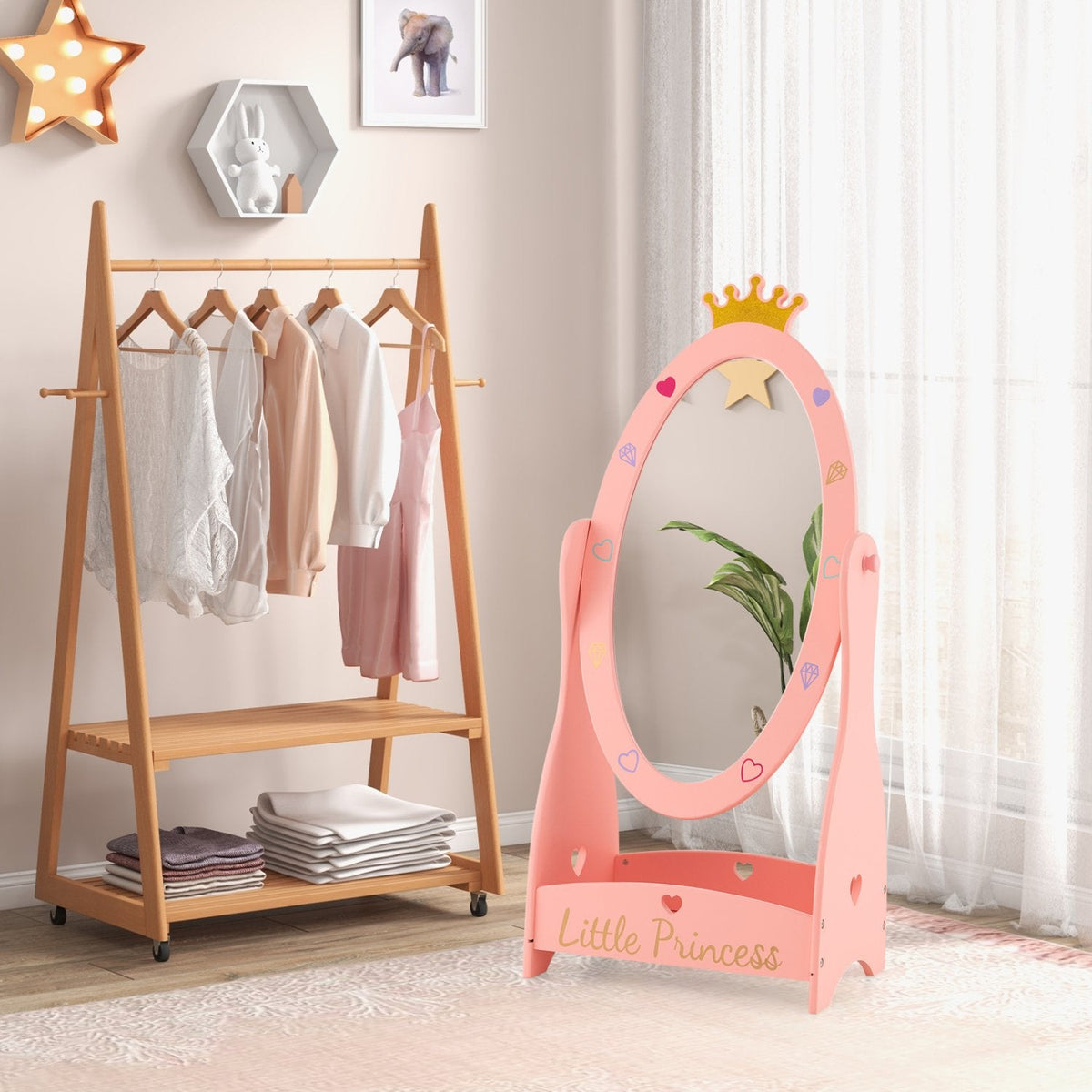 Miroir pour enfants sur pied avec rotation à 360 degrés et étagère – Rose