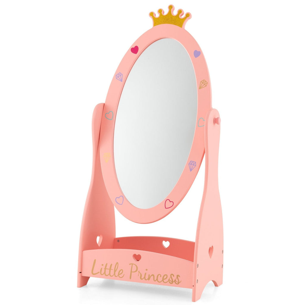Miroir pour enfants sur pied avec rotation à 360 degrés et étagère – Rose