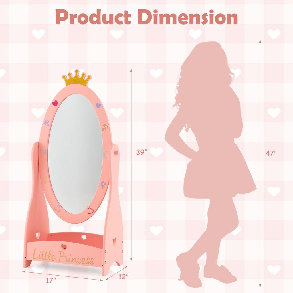 Miroir pour enfants sur pied avec rotation à 360 degrés et étagère – Rose