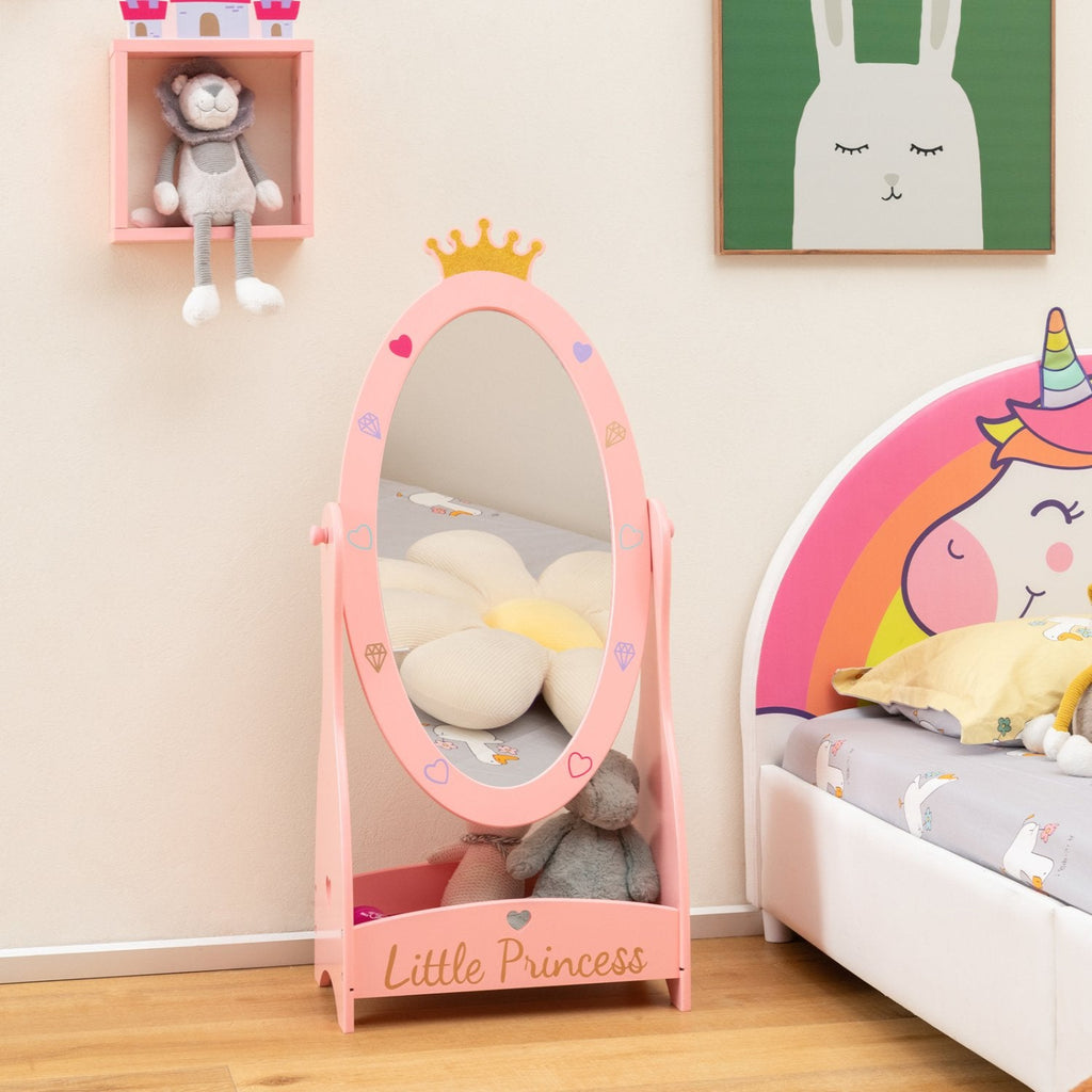 Miroir pour enfants sur pied avec rotation à 360 degrés et étagère – Rose