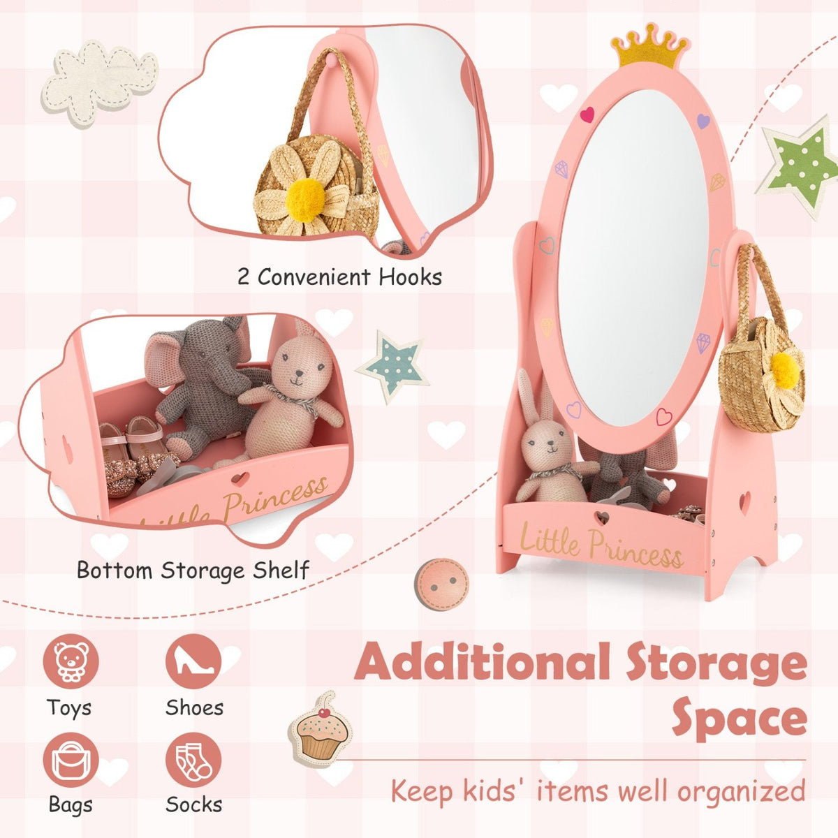 Miroir pour enfants sur pied avec rotation à 360 degrés et étagère – Rose