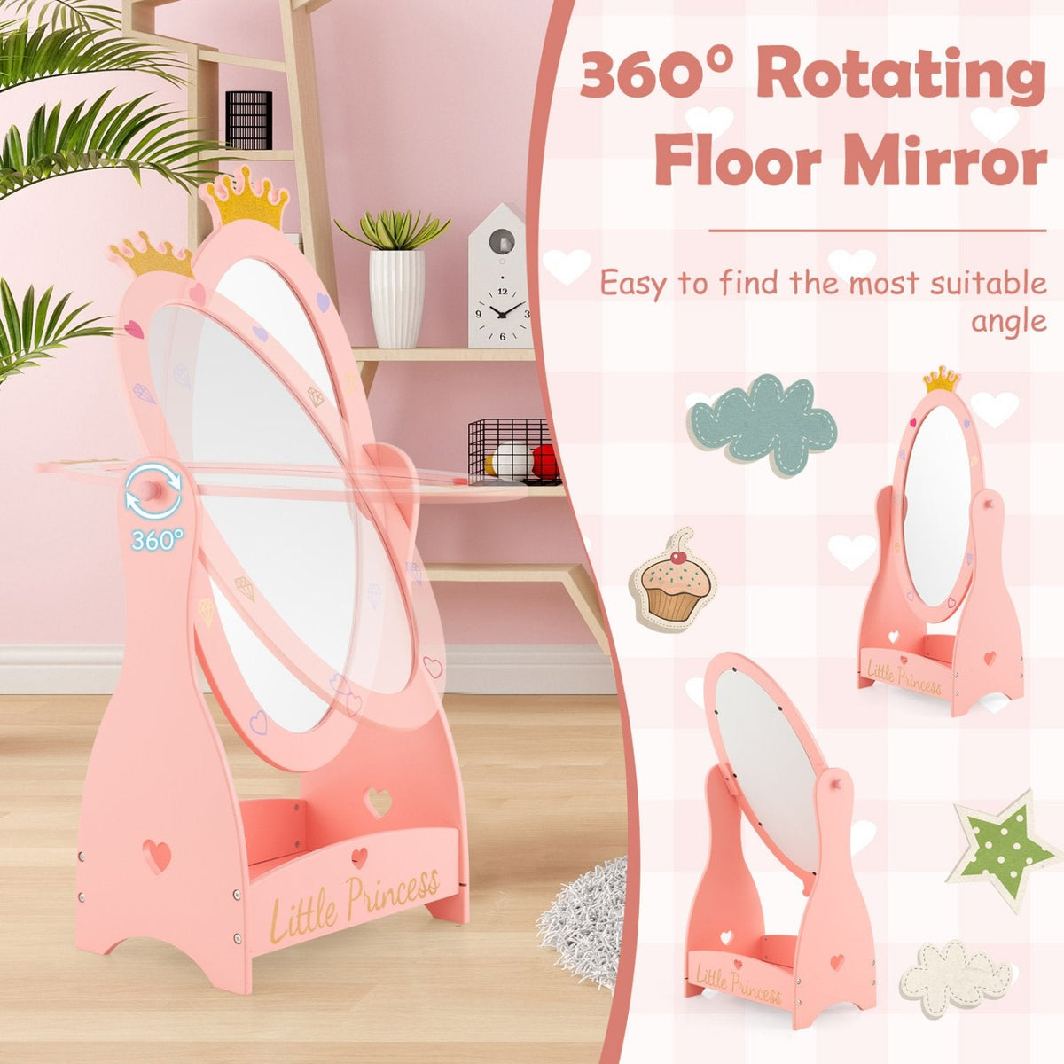 Miroir pour enfants sur pied avec rotation à 360 degrés et étagère – Rose