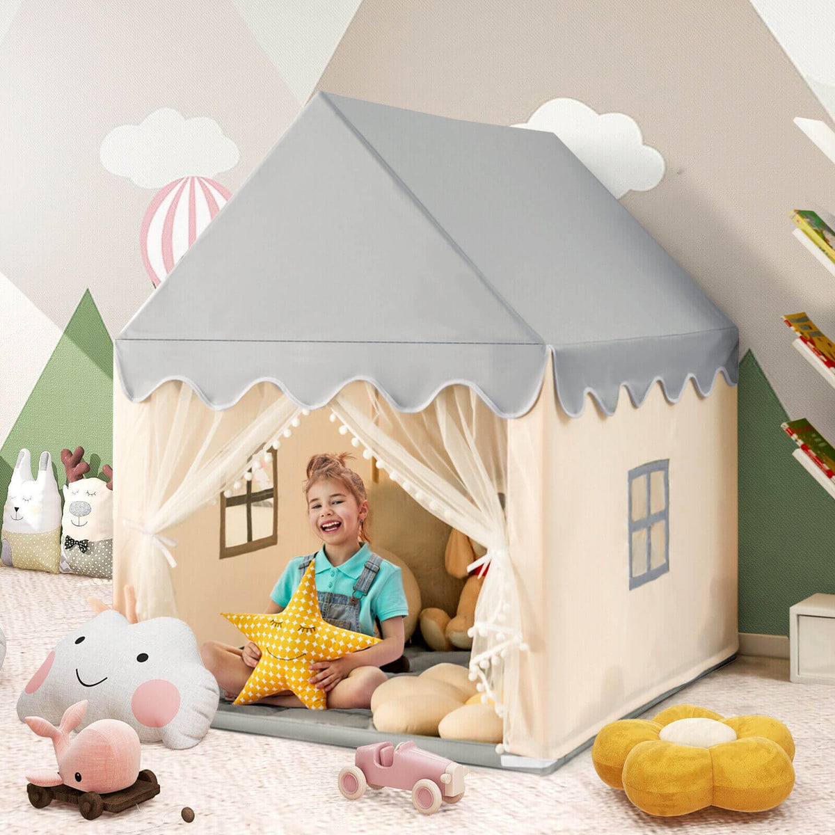 Château de jeu enfant grande taille, tente de fée avec tapis - Beige