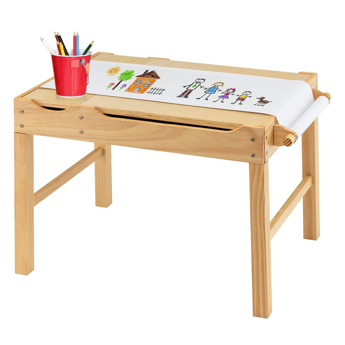 Kinder-Multifunktionstisch aus Holz mit Bausteinablage und Stauraum, Papierrolle, Naturfarben