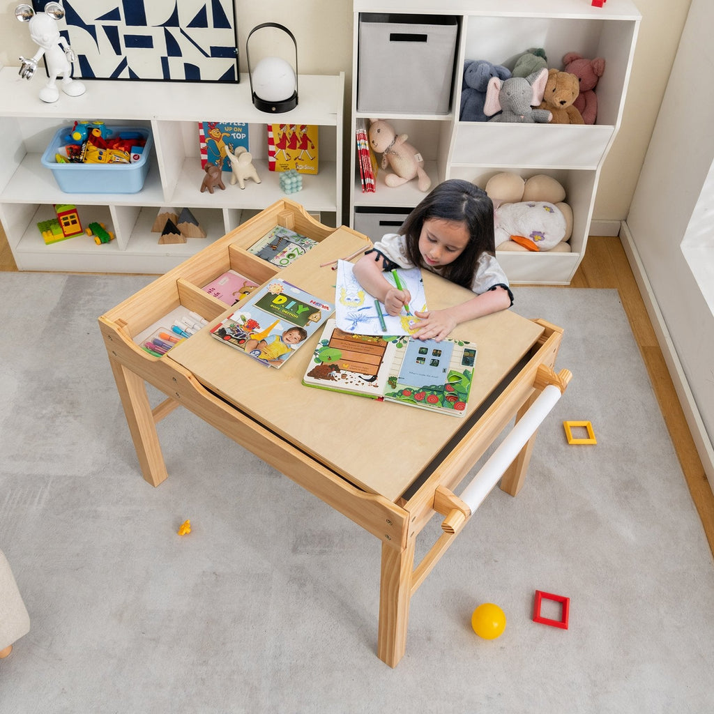 Kinder-Multifunktionstisch aus Holz mit Bausteinablage und Stauraum, Papierrolle, Naturfarben
