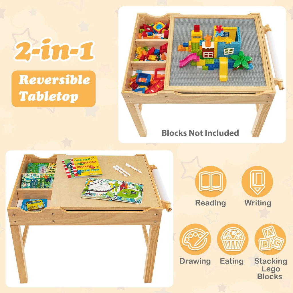 Kinder-Multifunktionstisch aus Holz mit Bausteinablage und Stauraum, Papierrolle, Naturfarben