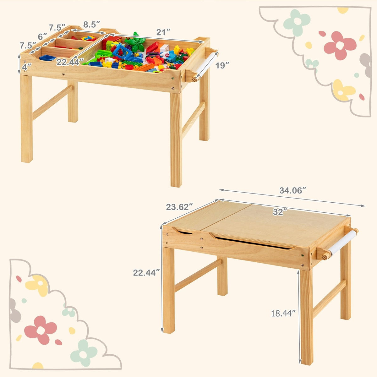 Kinder-Multifunktionstisch aus Holz mit Bausteinablage und Stauraum, Papierrolle, Naturfarben