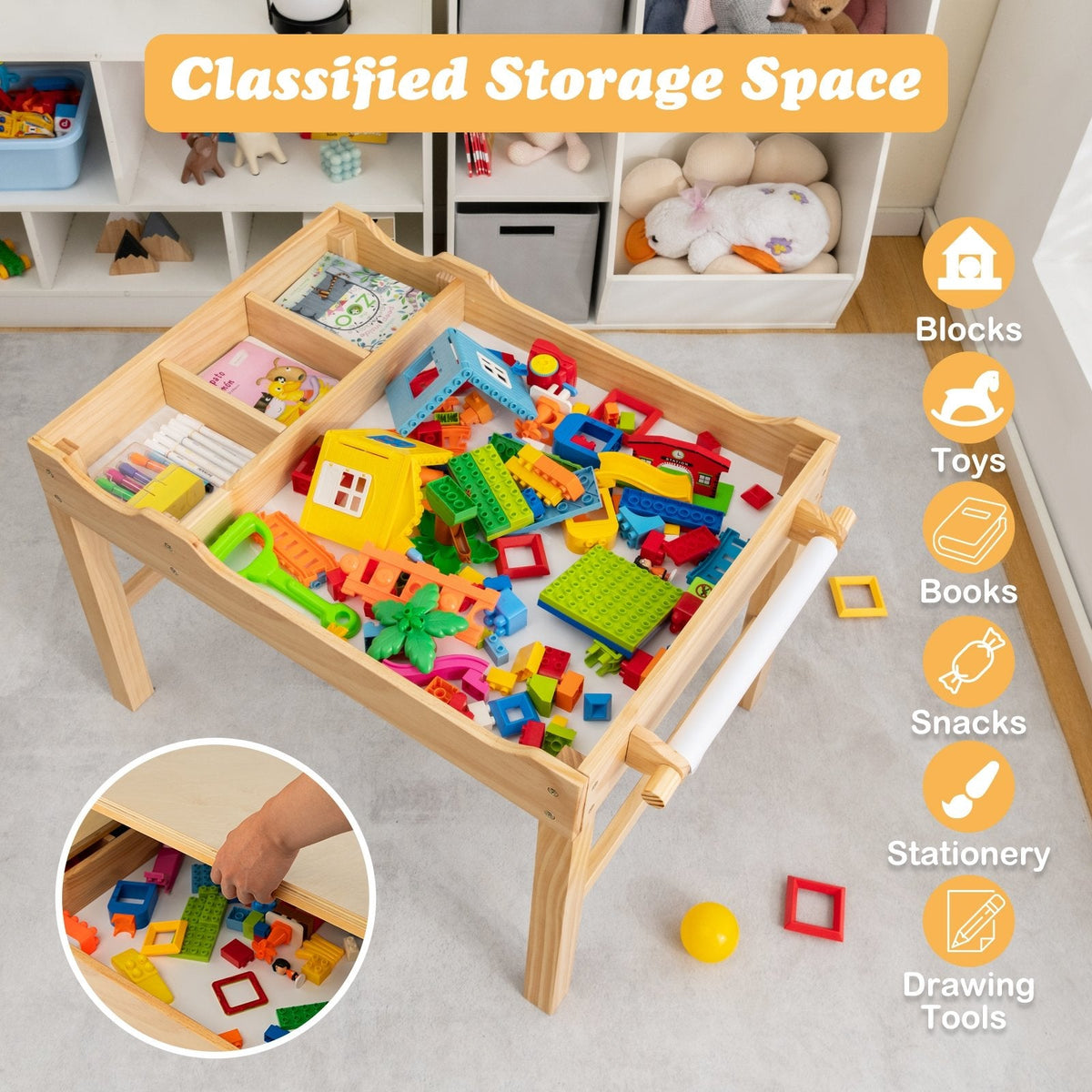 Kinder-Multifunktionstisch aus Holz mit Bausteinablage und Stauraum, Papierrolle, Naturfarben