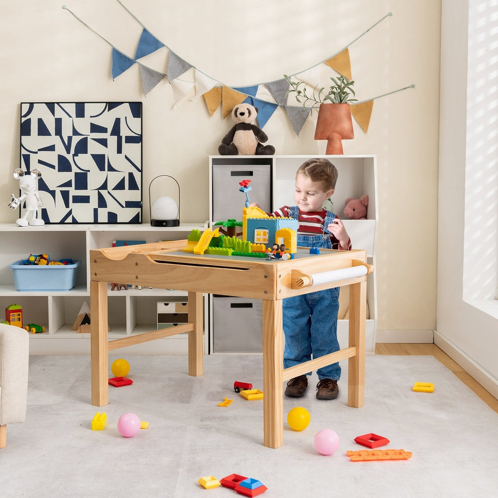 Kinder-Multifunktionstisch aus Holz mit Bausteinablage und Stauraum, Papierrolle, Naturfarben