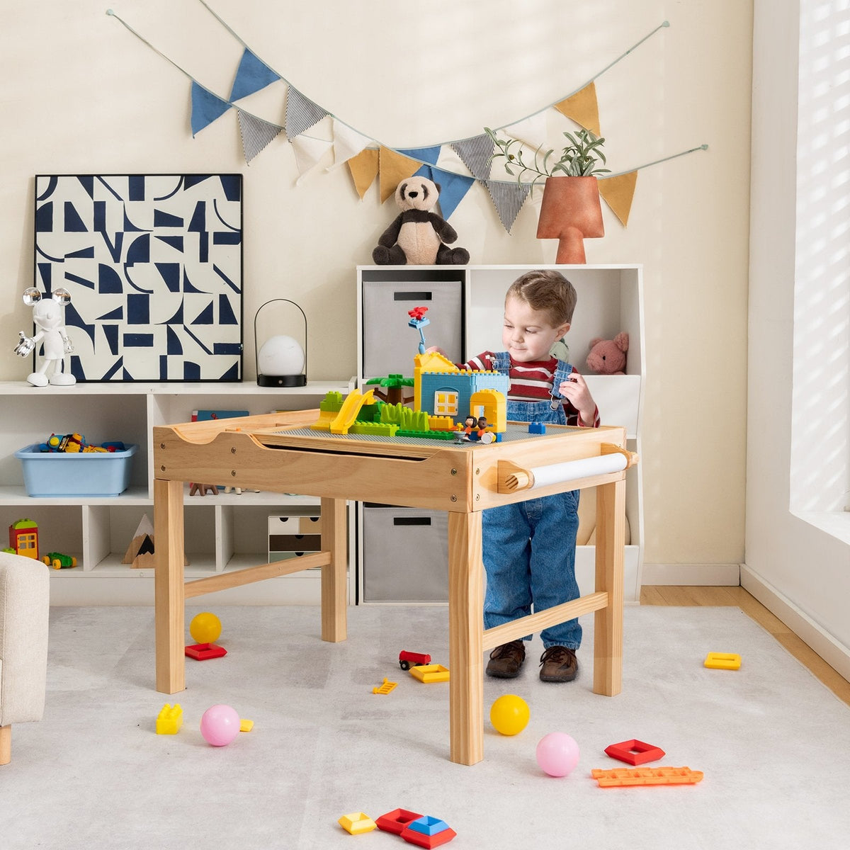 Kinder-Multifunktionstisch aus Holz mit Bausteinablage und Stauraum, Papierrolle, Naturfarben