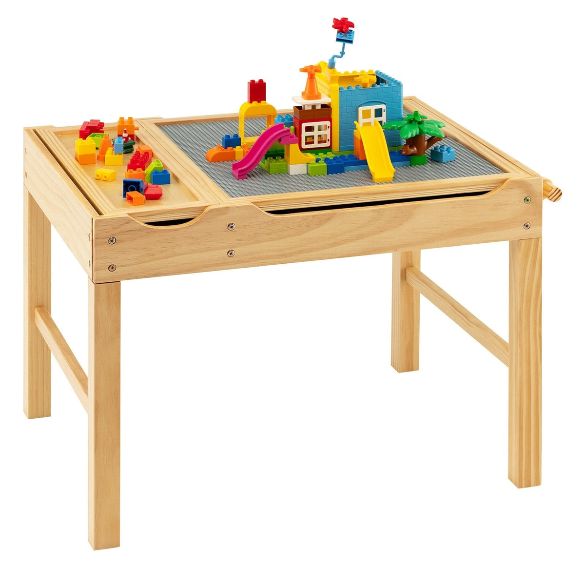 Kinder-Multifunktionstisch aus Holz mit Bausteinablage und Stauraum, Papierrolle, Naturfarben