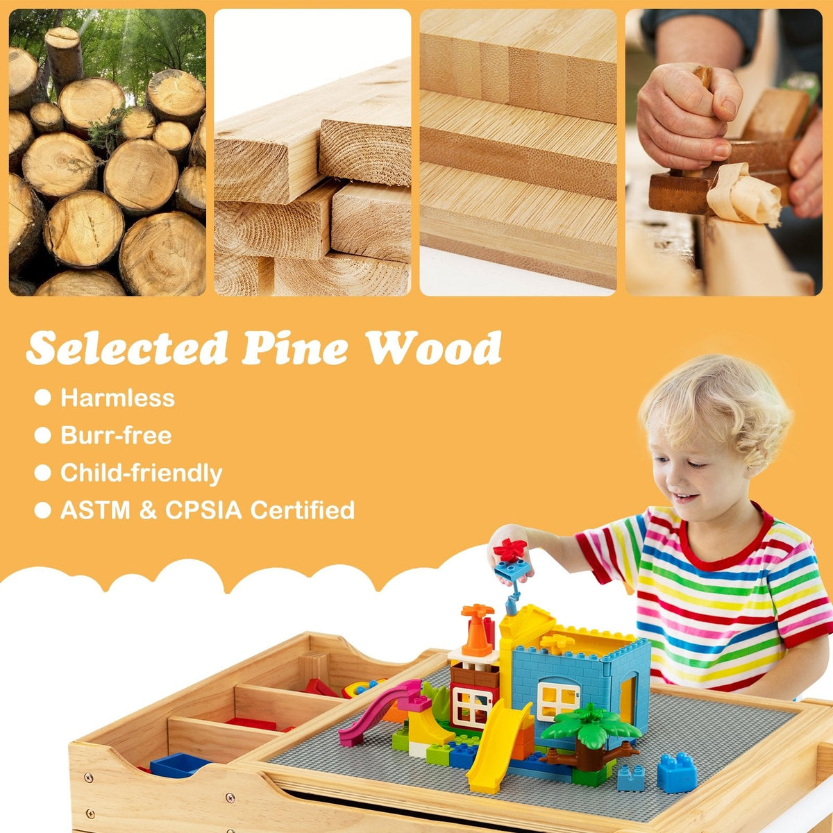 Kinder-Multifunktionstisch aus Holz mit Bausteinablage und Stauraum, Papierrolle, Naturfarben