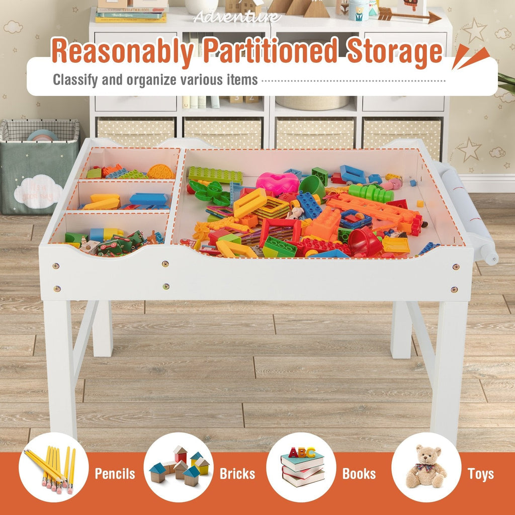 Mesa de juego multiactividad de madera para niños con rollo de papel y almacenamiento - Blanco