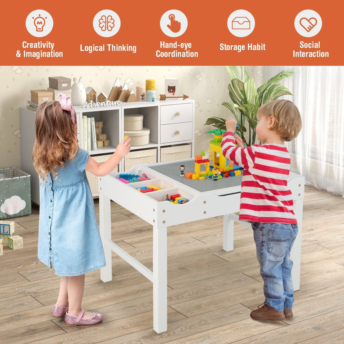 Mesa de juego multiactividad de madera para niños con rollo de papel y almacenamiento - Blanco