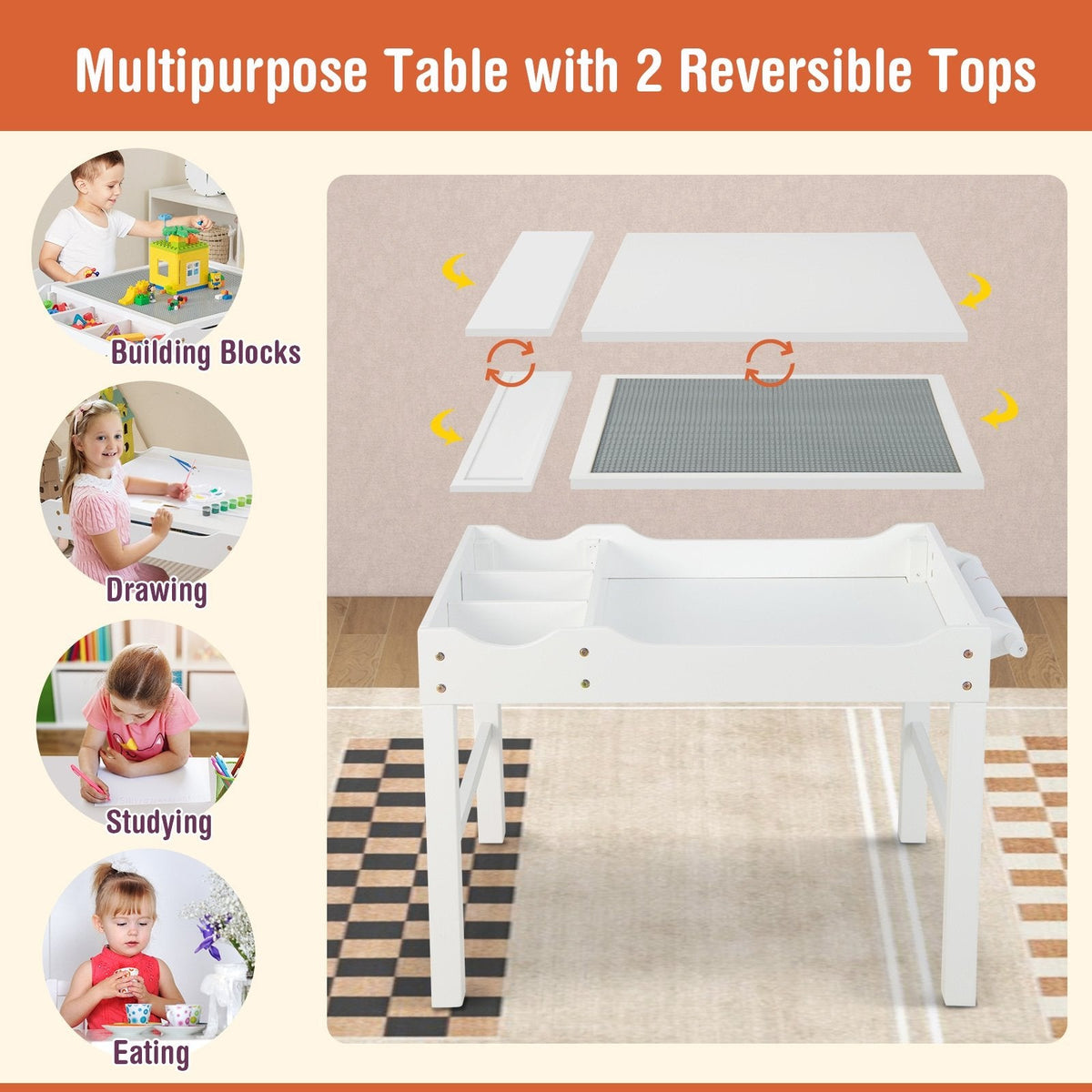 Mesa de juego multiactividad de madera para niños con rollo de papel y almacenamiento - Blanco