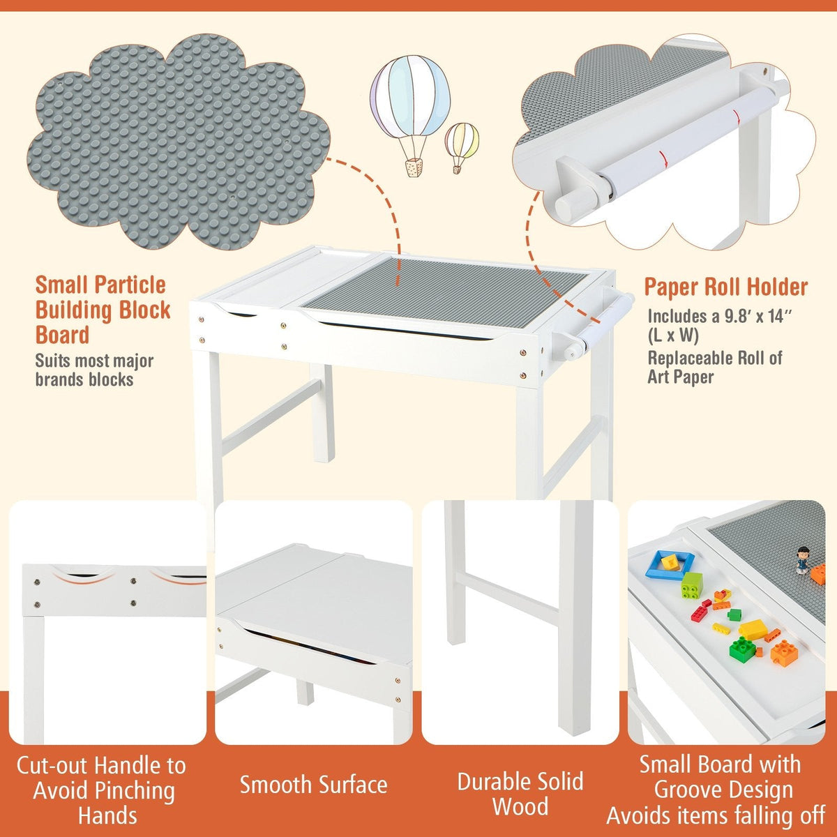 Mesa de juego multiactividad de madera para niños con rollo de papel y almacenamiento - Blanco