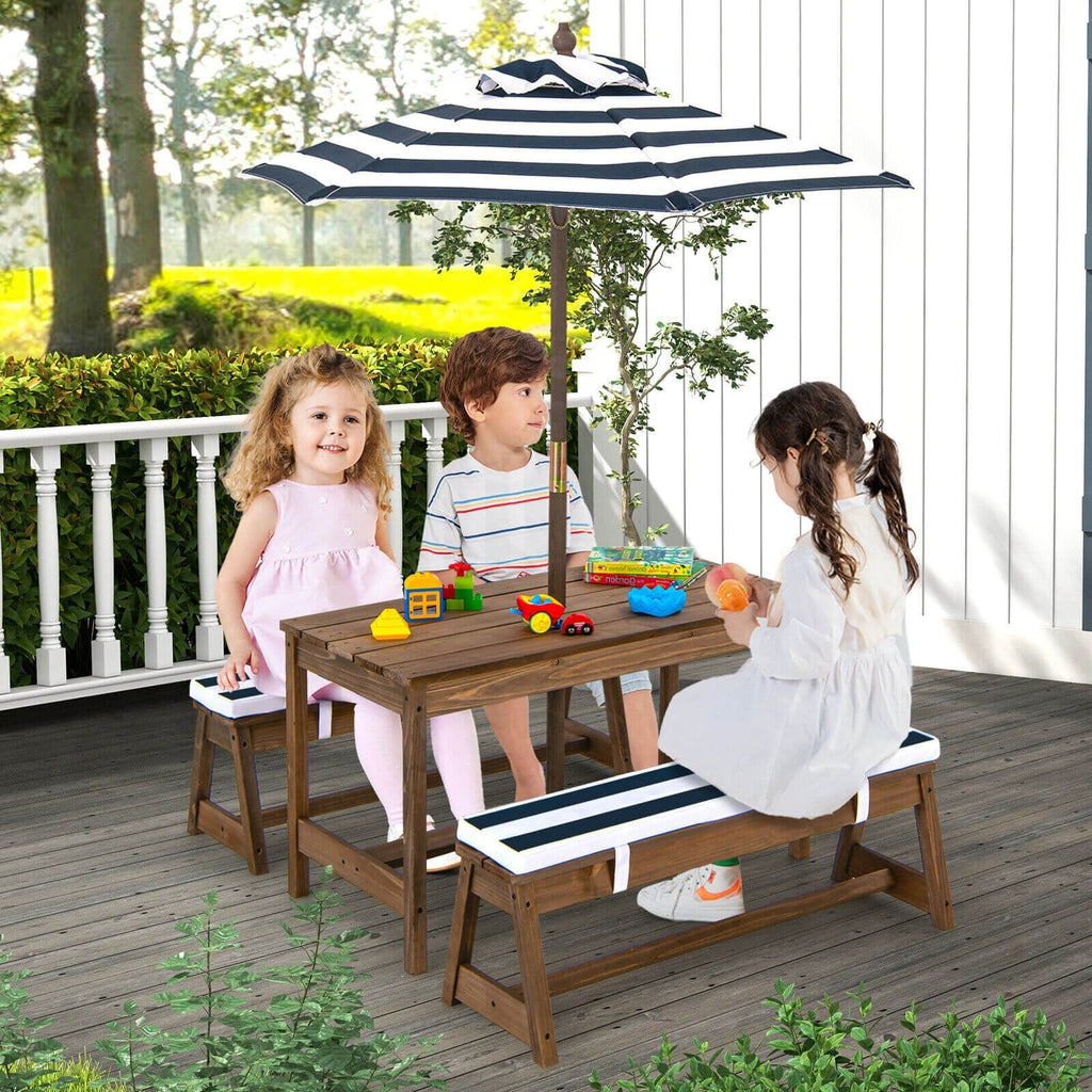 Set de mesa de picnic y banco para niños con cojines y sombrilla de altura ajustable - Azul