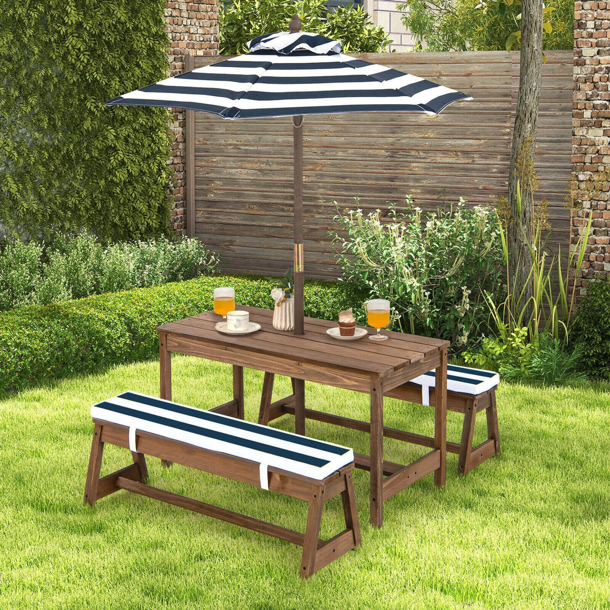 Set de mesa de picnic y banco para niños con cojines y sombrilla de altura ajustable - Azul