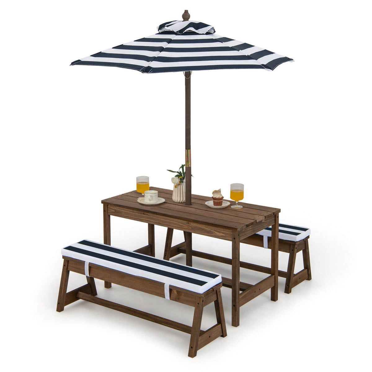 Set de mesa de picnic y banco para niños con cojines y sombrilla de altura ajustable - Azul