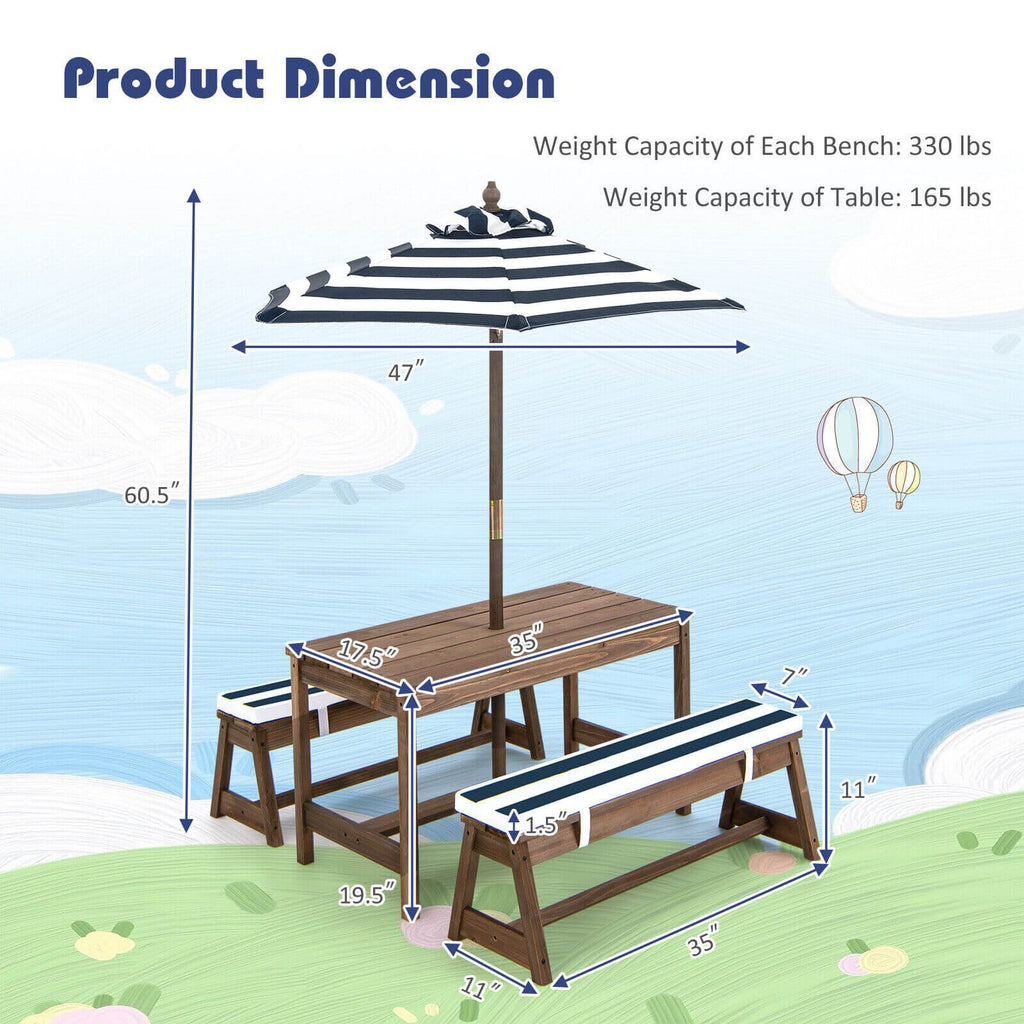 Set de mesa de picnic y banco para niños con cojines y sombrilla de altura ajustable - Azul