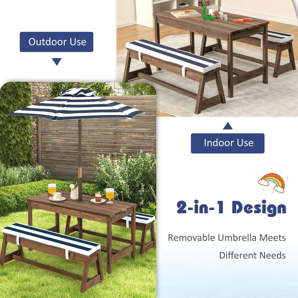 Set de mesa de picnic y banco para niños con cojines y sombrilla de altura ajustable - Azul