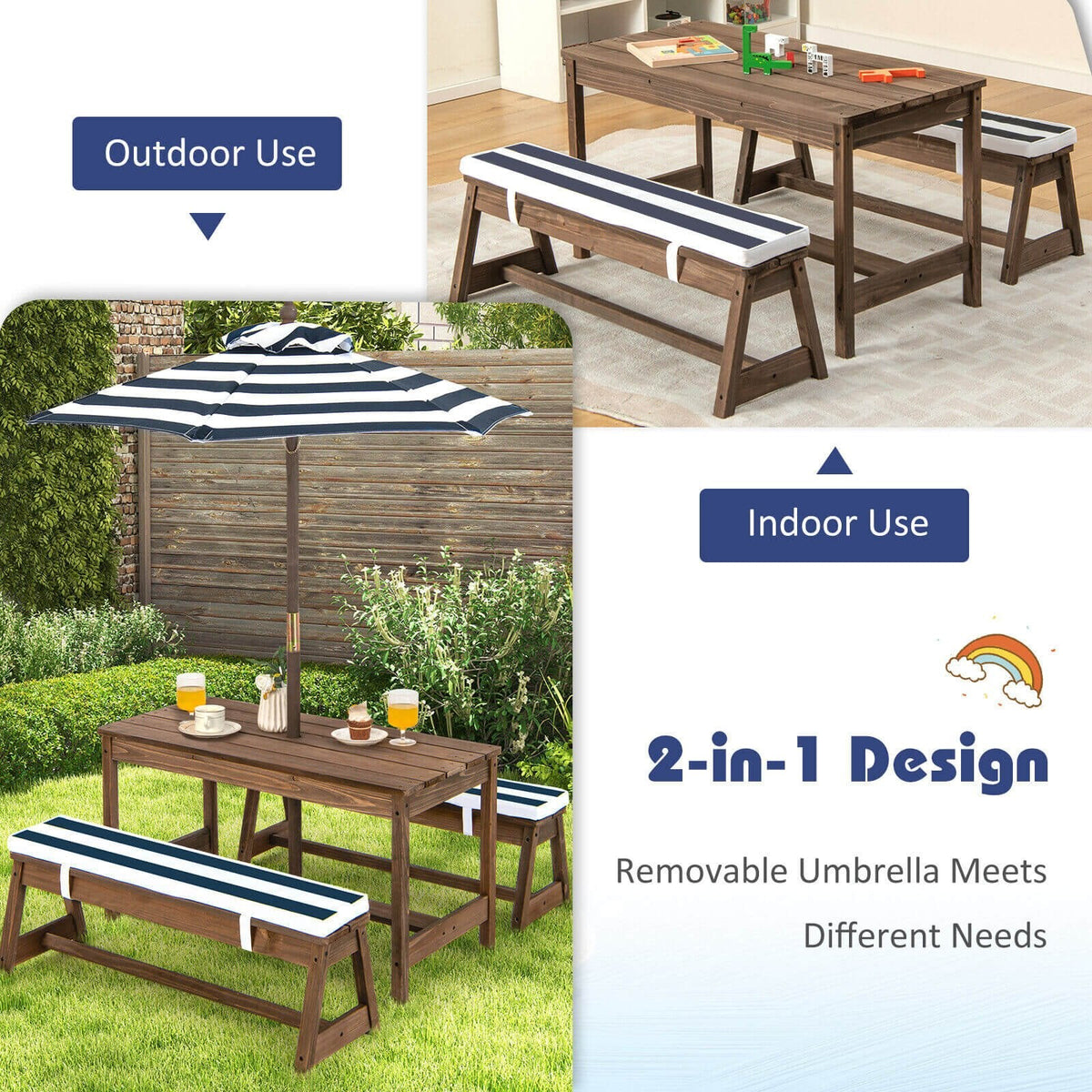 Set de mesa de picnic y banco para niños con cojines y sombrilla de altura ajustable - Azul