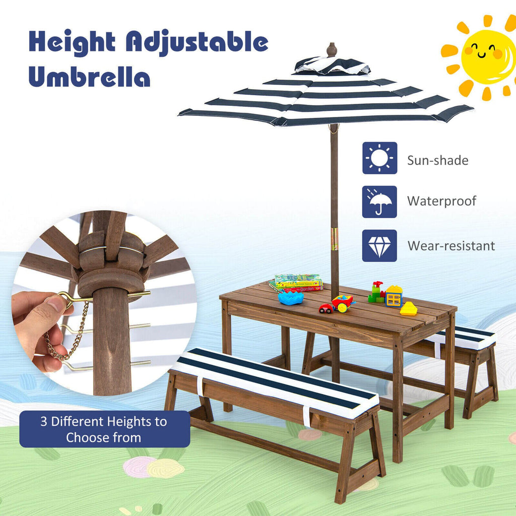 Set de mesa de picnic y banco para niños con cojines y sombrilla de altura ajustable - Azul