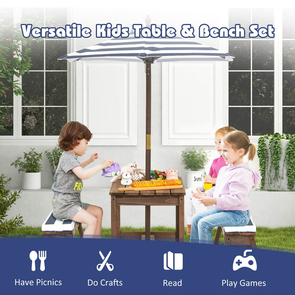 Set de mesa de picnic y banco para niños con cojines y sombrilla de altura ajustable - Azul