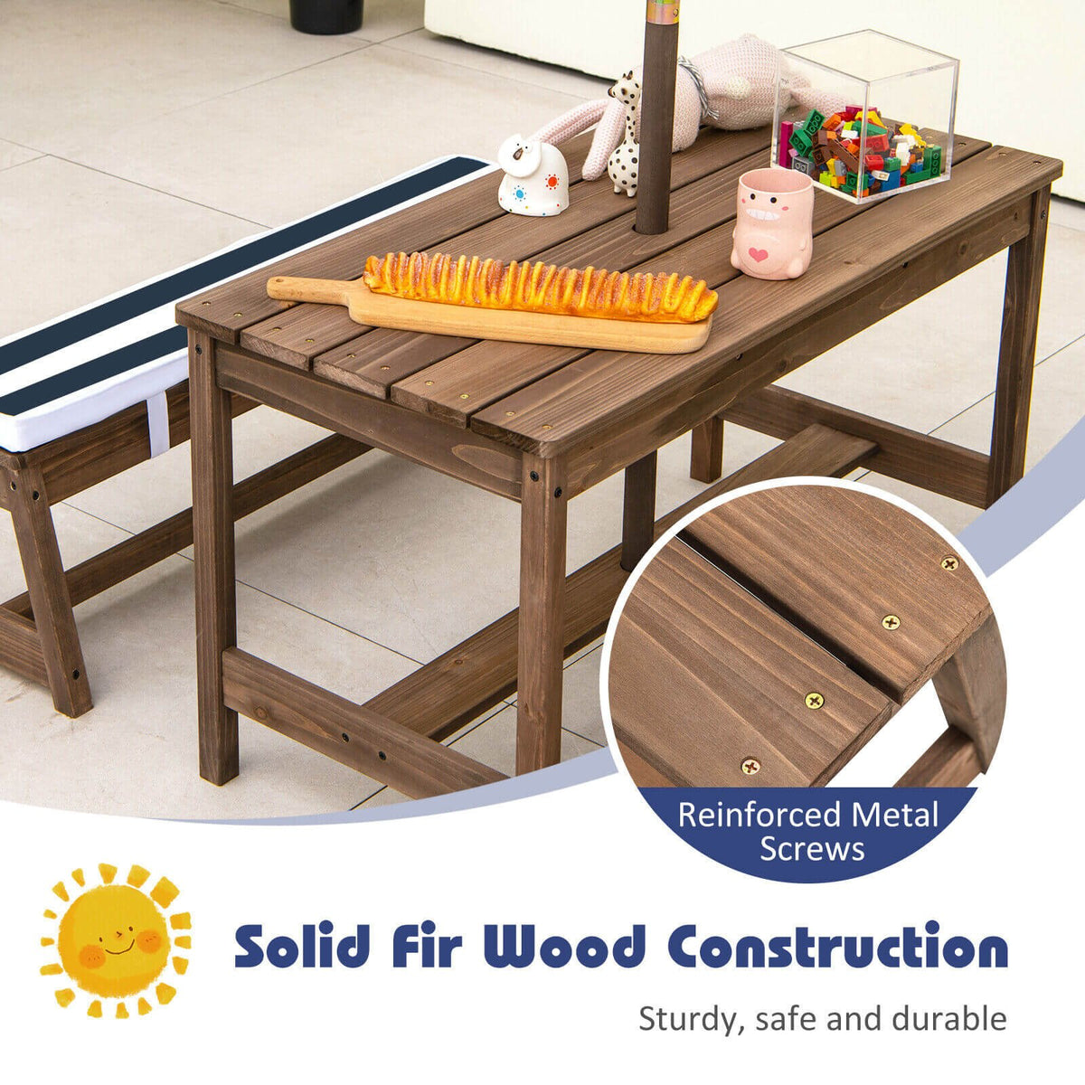 Set de mesa de picnic y banco para niños con cojines y sombrilla de altura ajustable - Azul