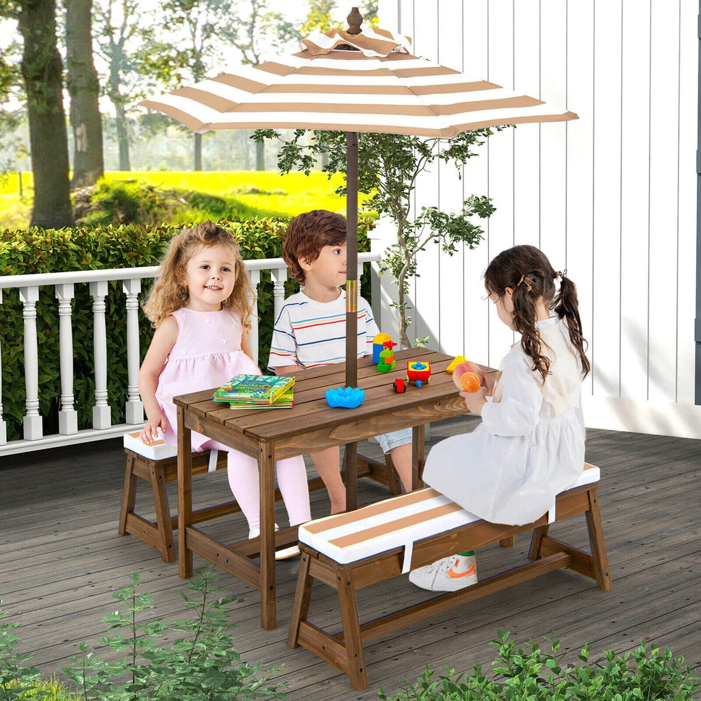 Table et bancs de pique-nique pour enfants avec coussins et parasol réglable en hauteur - Marron