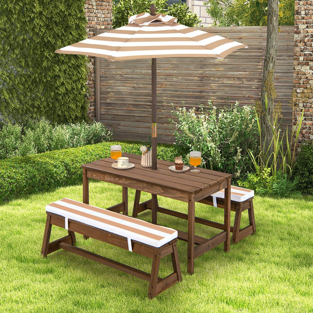 Table et bancs de pique-nique pour enfants avec coussins et parasol réglable en hauteur - Marron