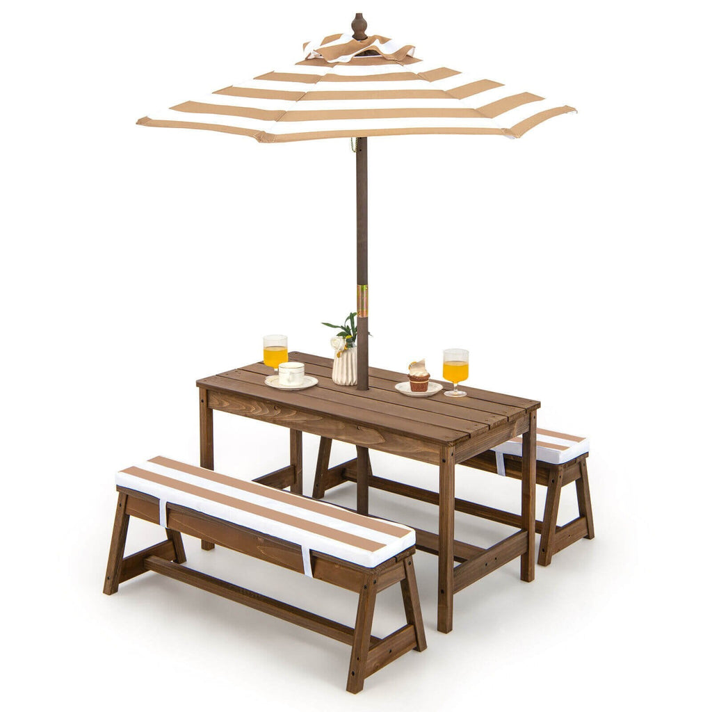 Table et bancs de pique-nique pour enfants avec coussins et parasol réglable en hauteur - Marron