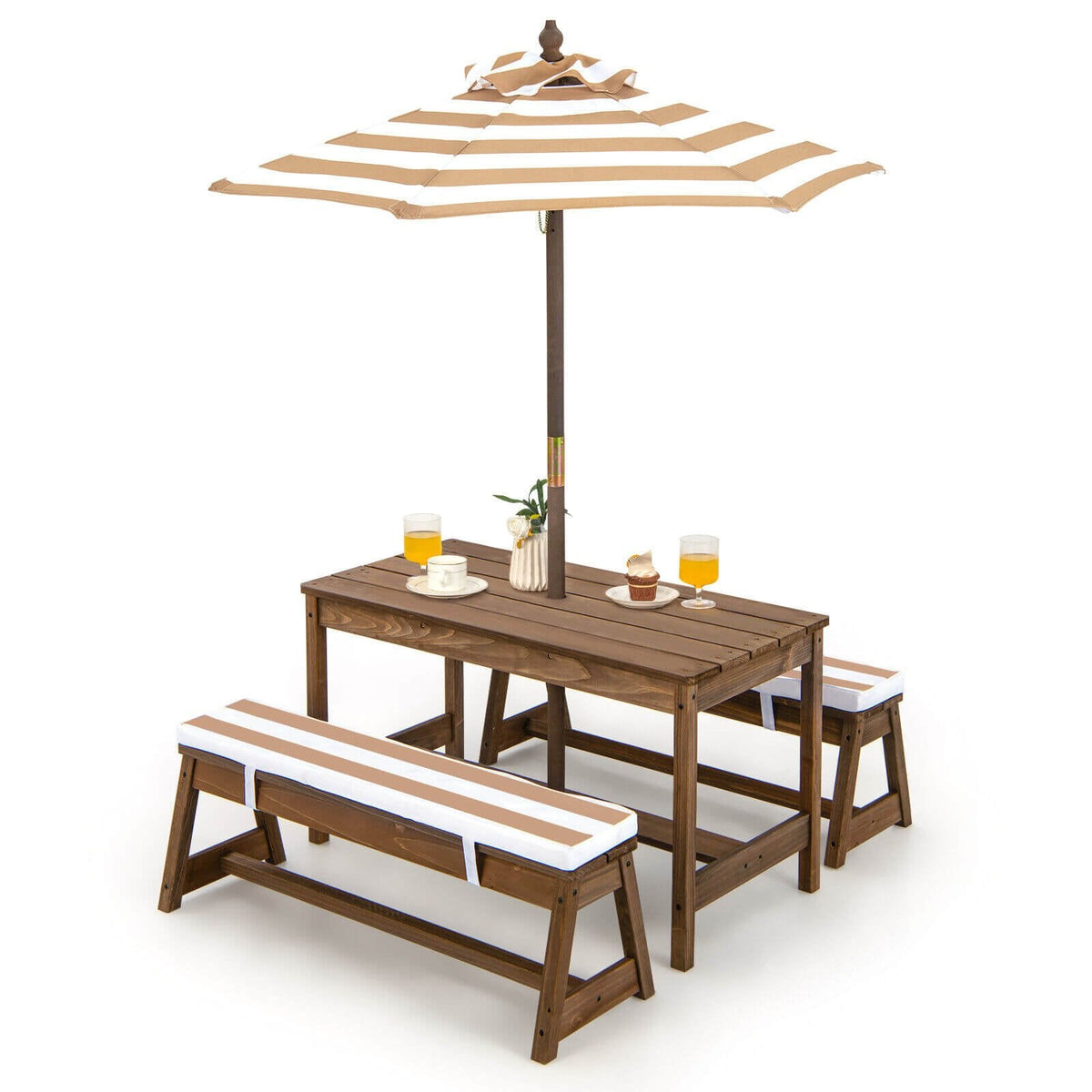 Table et bancs de pique-nique pour enfants avec coussins et parasol réglable en hauteur - Marron