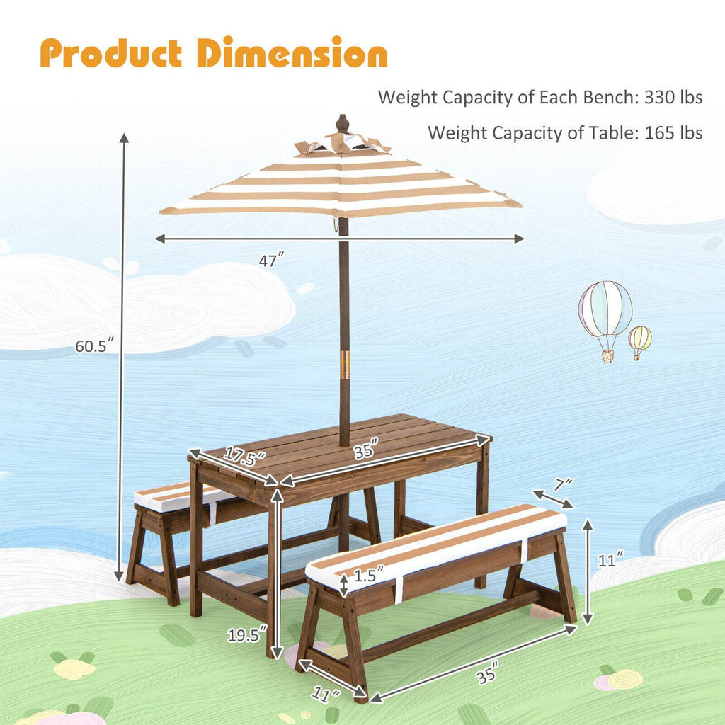 Table et bancs de pique-nique pour enfants avec coussins et parasol réglable en hauteur - Marron