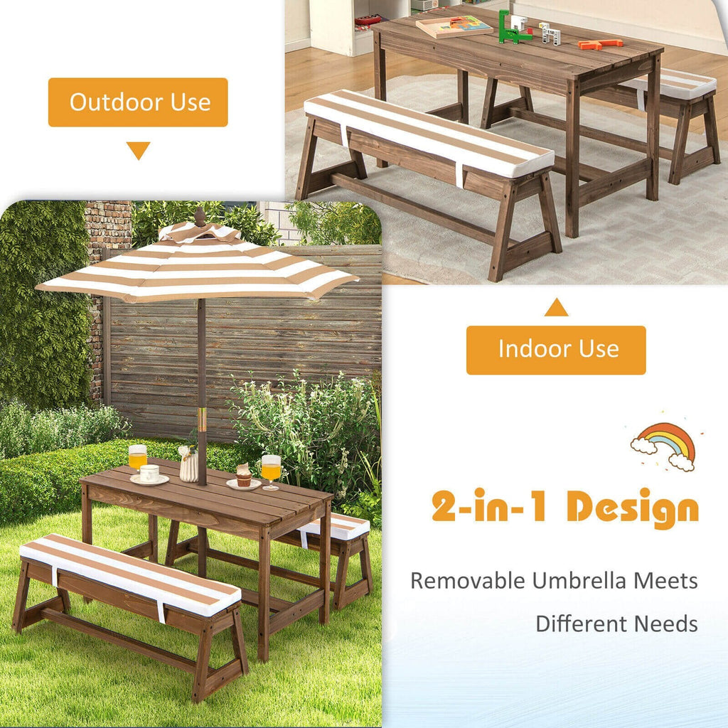Table et bancs de pique-nique pour enfants avec coussins et parasol réglable en hauteur - Marron