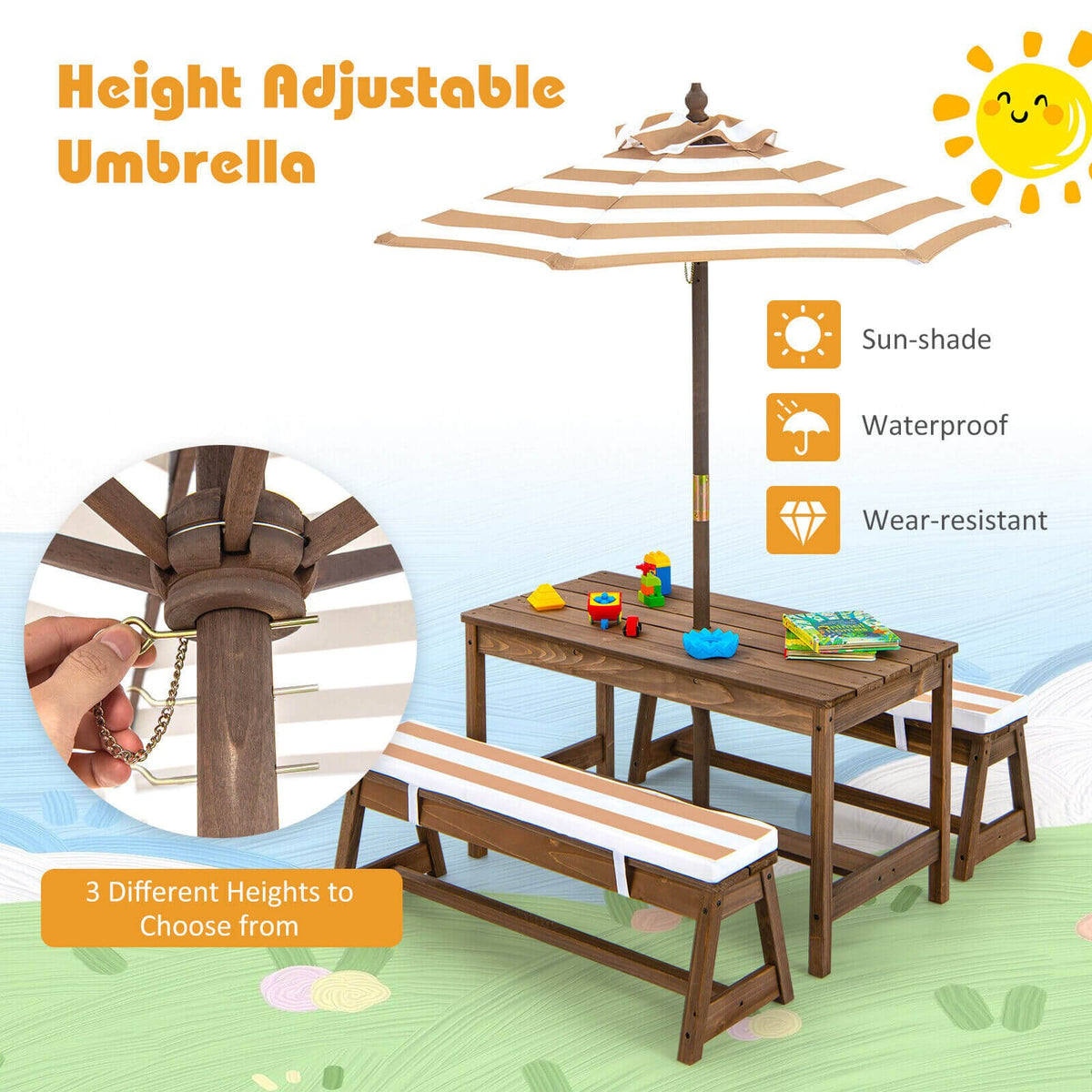 Table et bancs de pique-nique pour enfants avec coussins et parasol réglable en hauteur - Marron