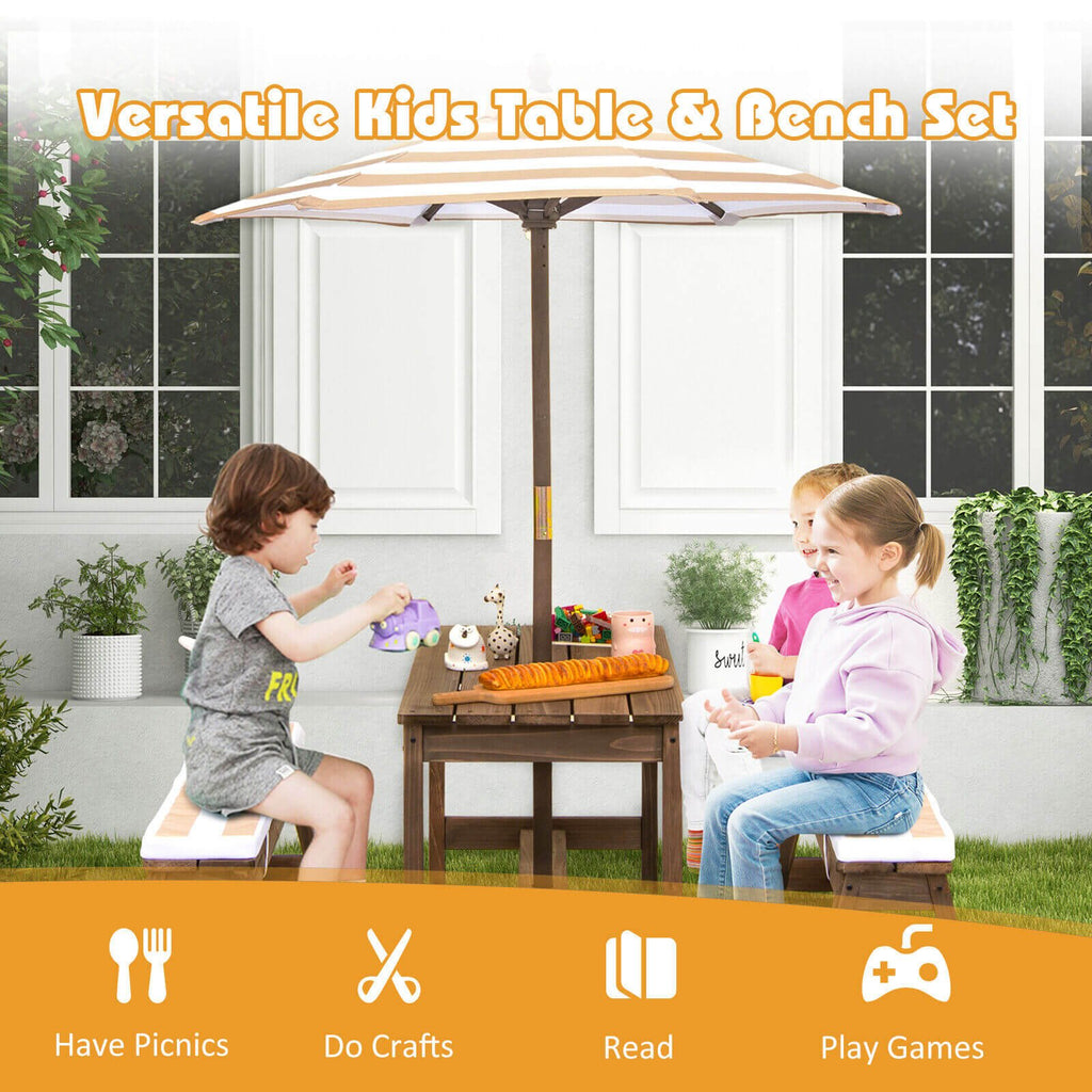 Table et bancs de pique-nique pour enfants avec coussins et parasol réglable en hauteur - Marron