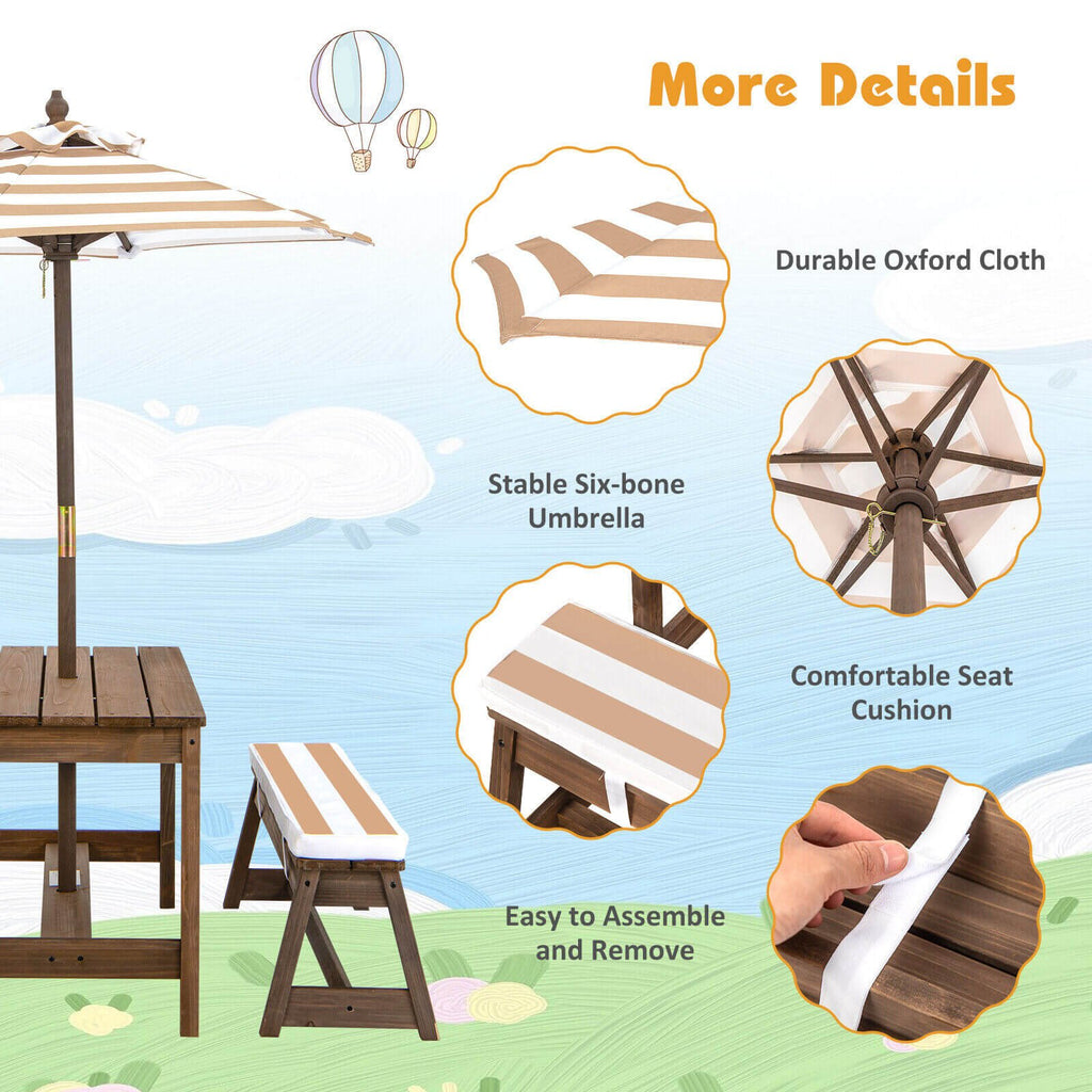 Table et bancs de pique-nique pour enfants avec coussins et parasol réglable en hauteur - Marron