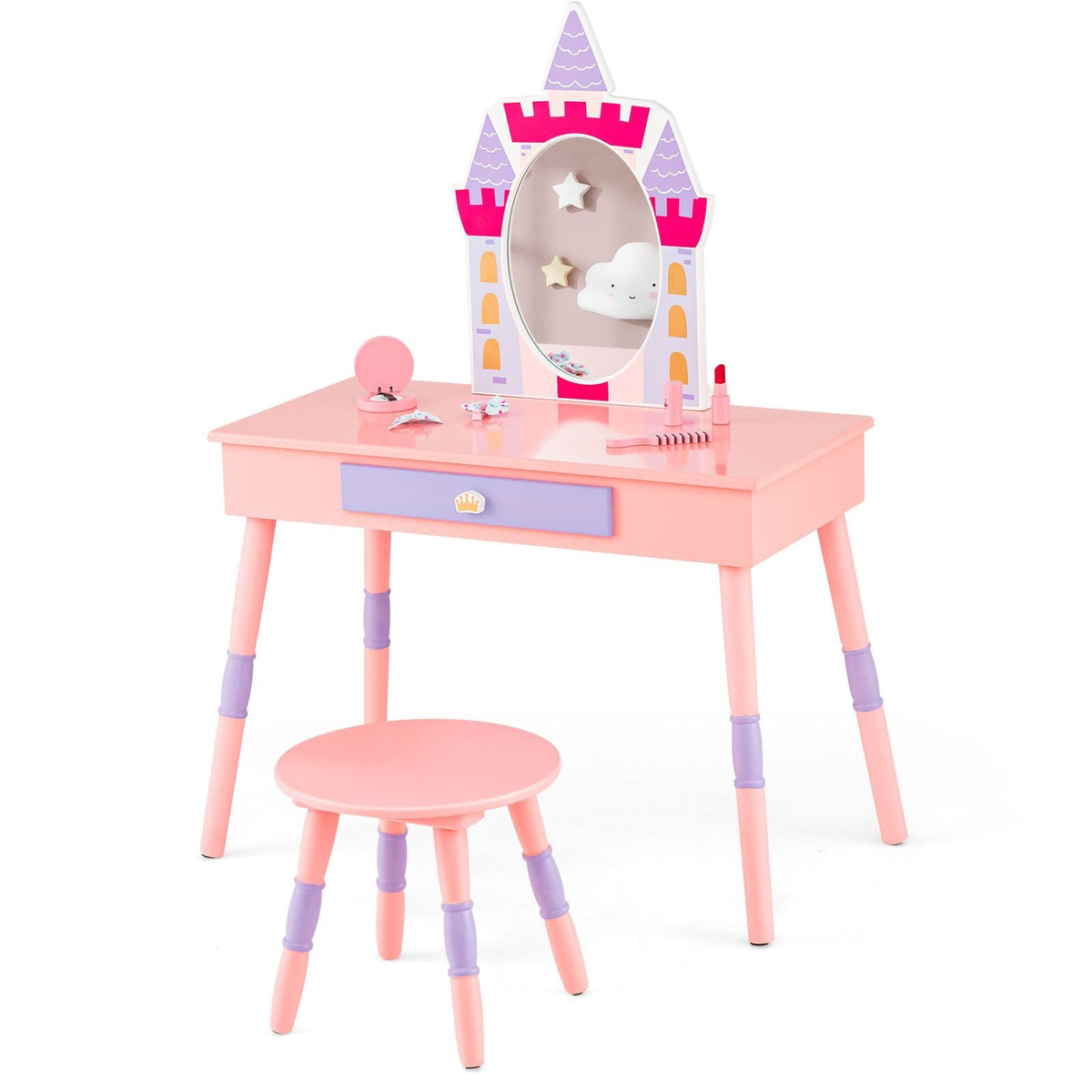 Tocador de princesa con silla para niñas con cajón y espejo - Rosa