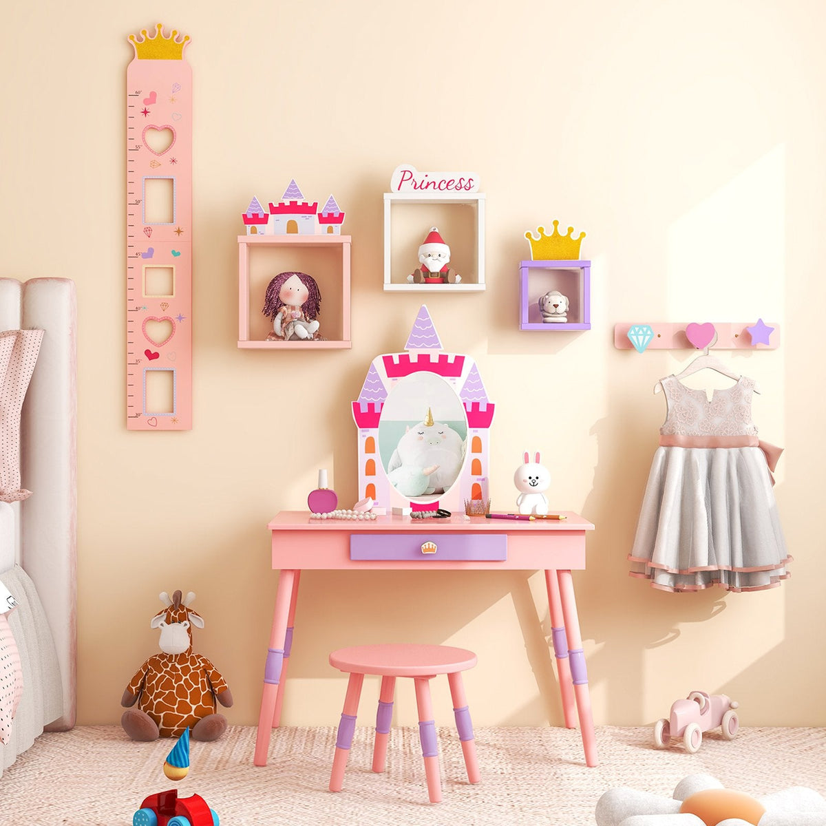 Tocador de princesa con silla para niñas con cajón y espejo - Rosa