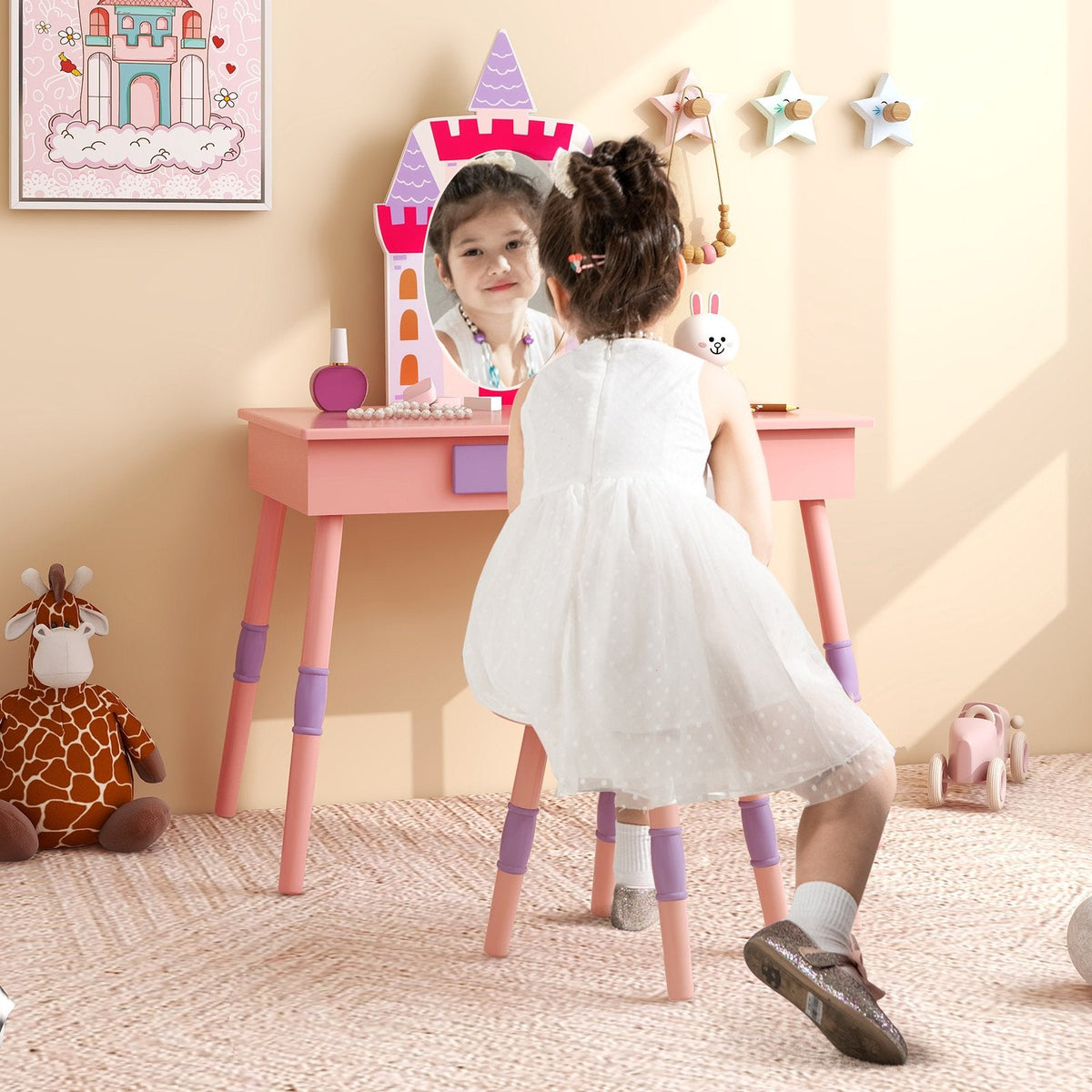 Tocador de princesa con silla para niñas con cajón y espejo - Rosa