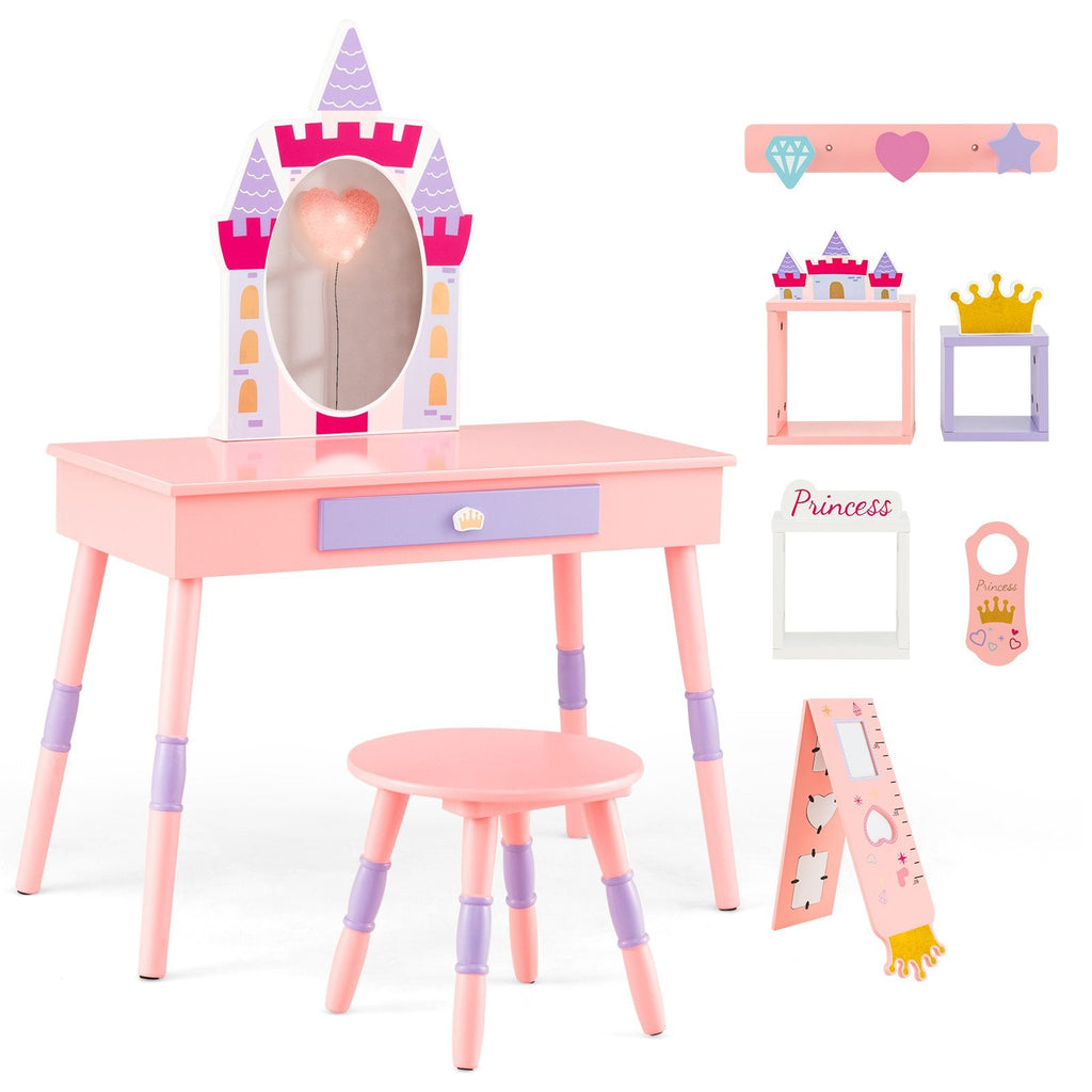 Tocador de princesa con silla para niñas con cajón y espejo - Rosa