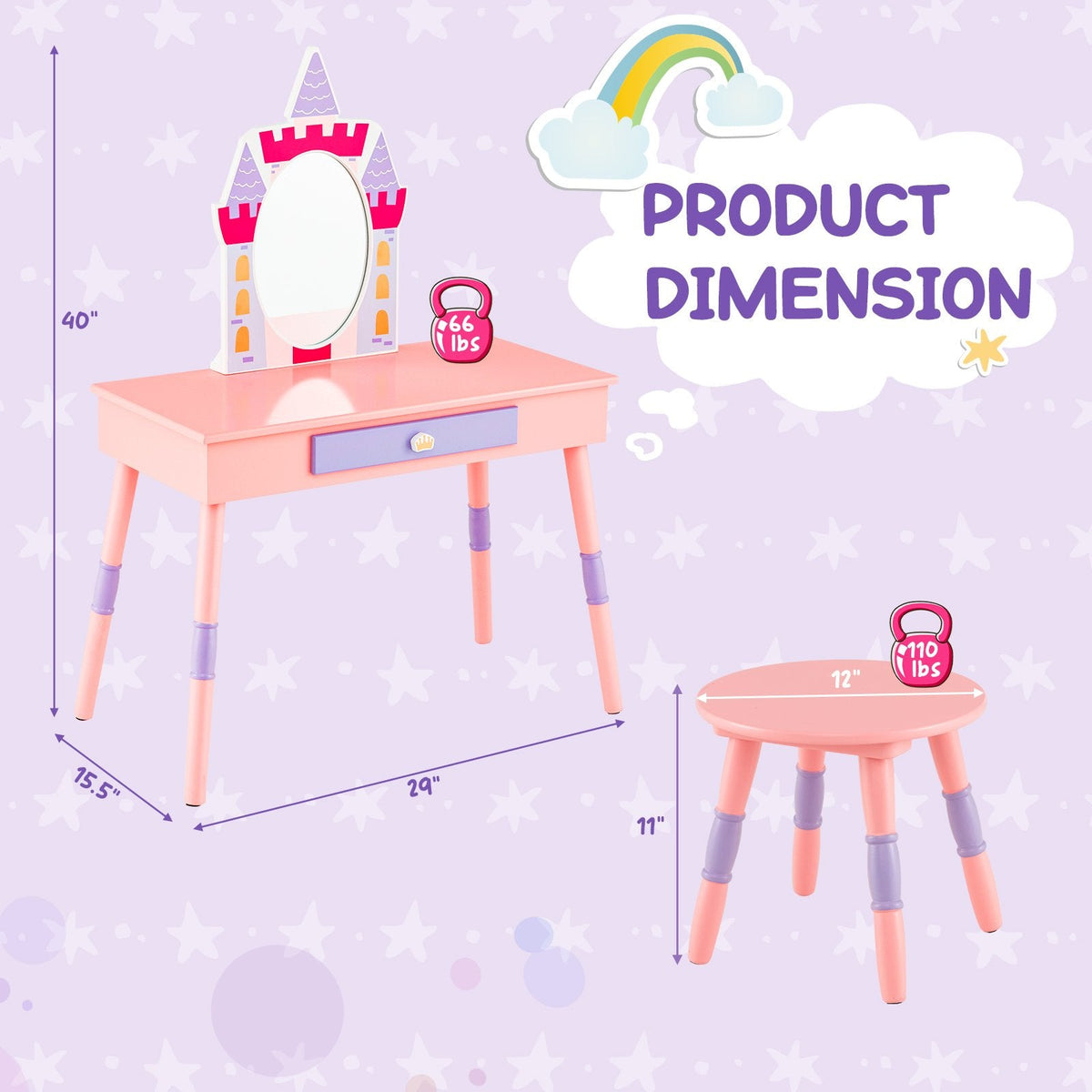 Tocador de princesa con silla para niñas con cajón y espejo - Rosa