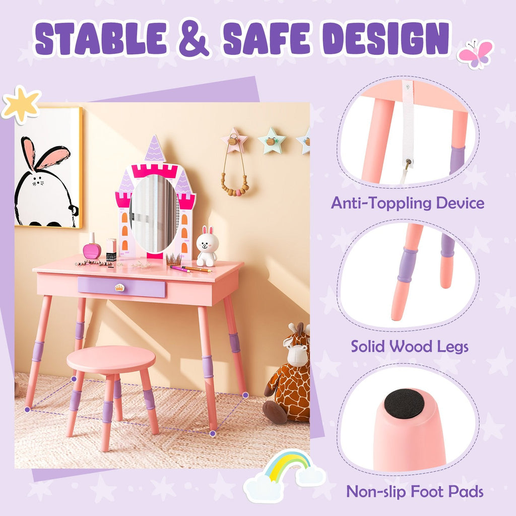 Tocador de princesa con silla para niñas con cajón y espejo - Rosa